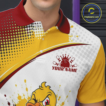 Custom Red And Yellow Funny Duck Bowling Team Men Polo Shirt, Bowling Jersey IPHW11858