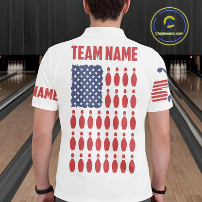 Polo shirt Custom Mens Bowling Shirts, Customizable American Flag Bowling Pin Polo Shirt For Team IPHW3809