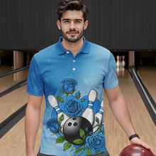 Load image into Gallery viewer, Custom Blue Valentine Bowling Polo Shirts For Men, Bowling And Roses Couple Bowling Outfits IPHW8351