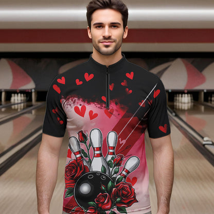 Custom Black And Red Heart Theme Valentine Bowling Quarter-Zip Shirt For Men, Couple Bowling Shirt IPHW8353