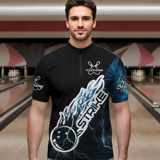 Custom Black And Blue Thunder Lightning Strike Bowling Quarter-Zip Shirts For Men Team Shirt IPHW8532