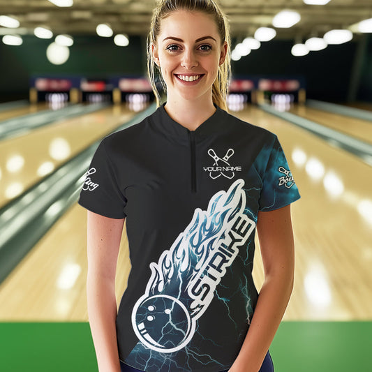 Custom Black And Blue Thunder Lightning Strike Bowling Womens Quarter-Zip Shirts Team Shirt IPHW8532