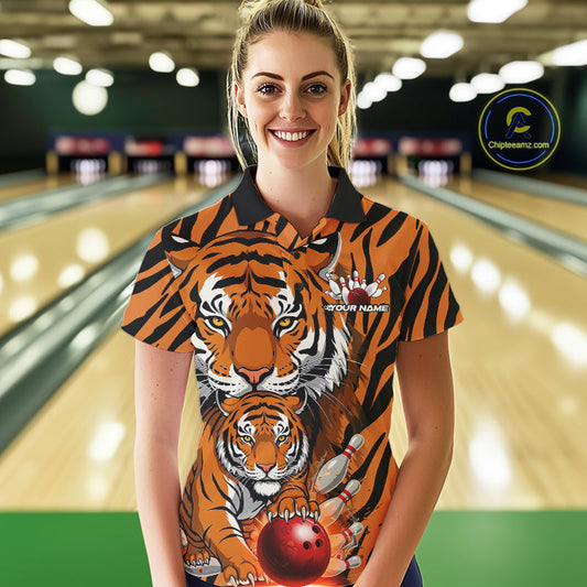 Custom Tiger Print Bowling Team Shirts, Tiger Women Polo Shirts With Name IPHW9095