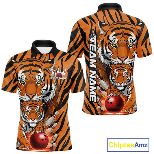 Custom Tiger Print Bowling Team Shirts, Tiger Men Polo Shirts With Name IPHW9095