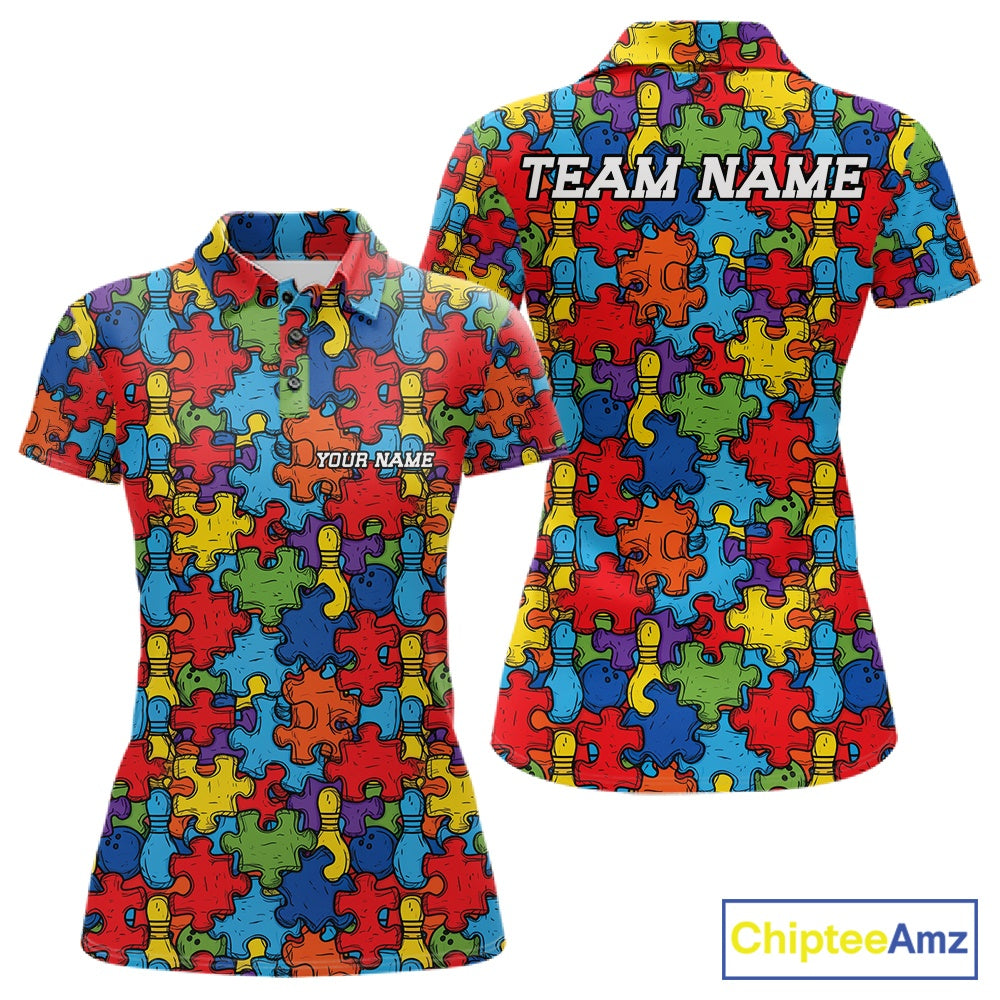 Front and back views of a short-sleeve polo shirt featuring a colorful puzzle piece pattern in red, blue, yellow, green, and purple. The front has a small white text placeholder 'YOUR NAME' on the left chest, and the back has a larger 'TEAM NAME' across the shoulders.
