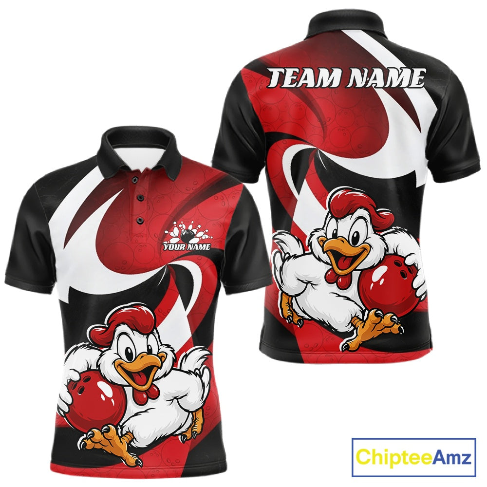 Custom short-sleeve polo shirt shown from the front and back, featuring a red, black, and white abstract design with a cartoon rooster mascot holding a bowling ball. The back has a customizable 'TEAM NAME' print.