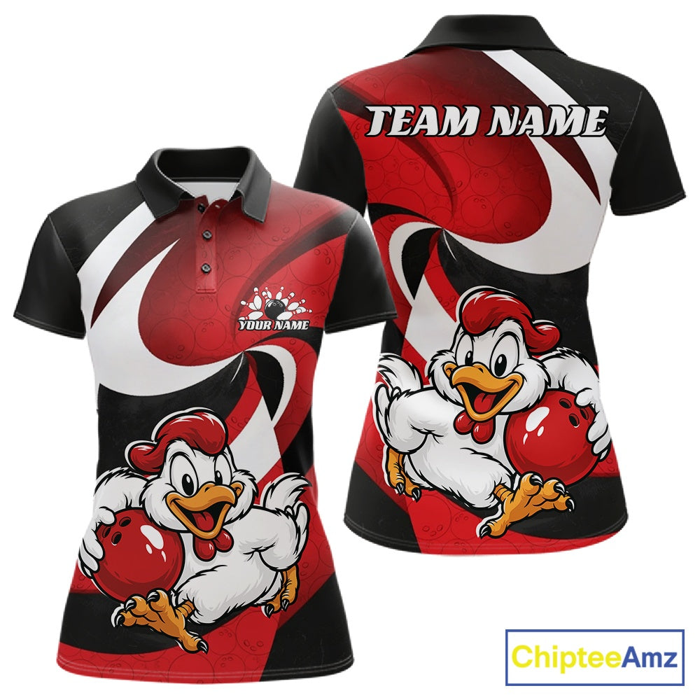 Customizable short-sleeve polo shirt shown from the front and back, featuring a red, black, and white abstract design with a cartoon chicken holding a bowling ball and placeholder text 'TEAM NAME' and 'YOUR NAME'.