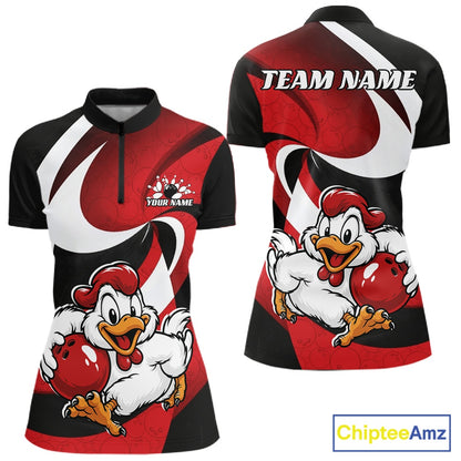 Custom short-sleeve quarter zip women shirt shown from the front and back, featuring a red, black, and white abstract background with a cartoon bowling chicken graphic and customizable text fields.