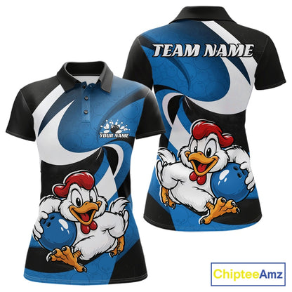 Front and back views of a custom bowling-themed short-sleeve polo shirt. The shirt features a black and blue color-blocked design with white swooshes, a cartoon rooster holding a bowling ball, customizable text areas ('YOUR NAME' on the chest and 'TEAM NAME' on the back), and a 'ChipteeAmz' logo in the bottom right corner.