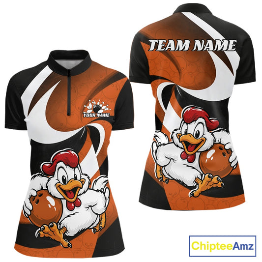 Front and back views of a short-sleeve athletic jersey with a black, orange, and white design featuring a cartoon bowling chicken mascot and customizable text fields.