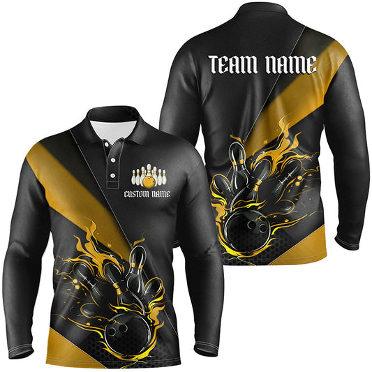 Black And Yellow Custom Flame Bowling Tournament Jerseys For Men, Bowling Team Shirts IPHW7925
