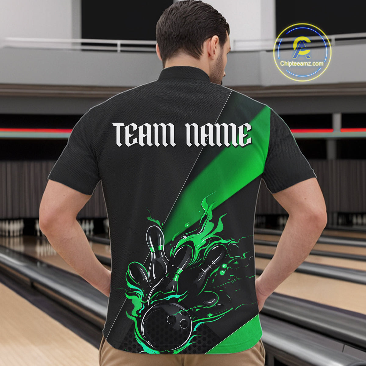 Black And Green Custom Flame Bowling Tournament Jerseys For Men, Bowling Team Shirts IPHW7926