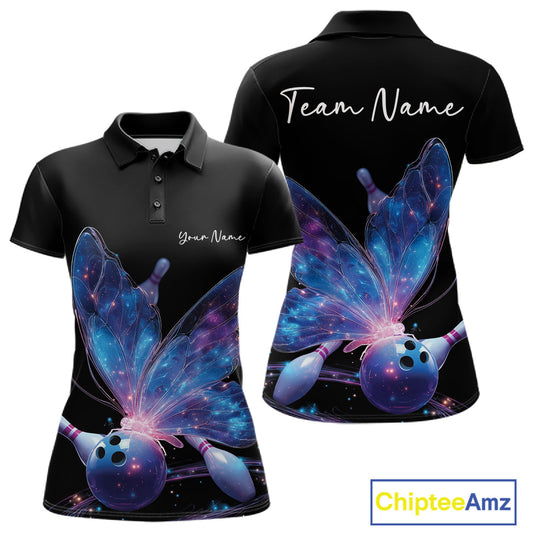 Custom Blue Galaxy Butterfly Bowling Women Polo Shirts, Ladies Bowling Team Outfit IPHW10241