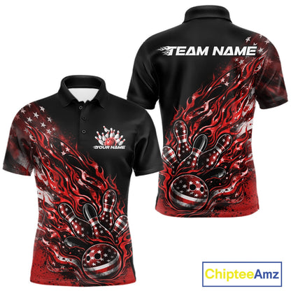 Custom Patriotic Red Flame Bowling Shirts, US Flag Bowling Team Jerseys Freedom 4Th Of July Bowling Shirt IPHW10433