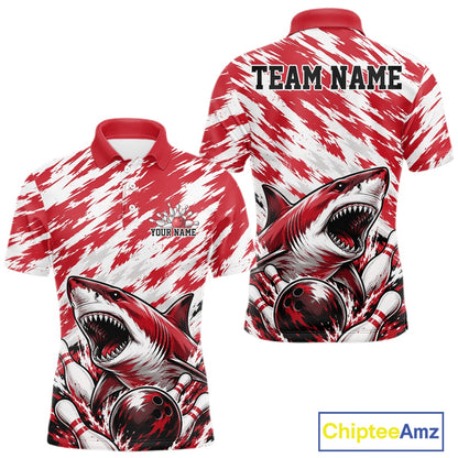 Red and white polo shirt with shark design and customizable text on a white background