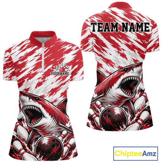 Red and white sports jersey with shark design and customizable text, featuring Chiptee Amz branding.