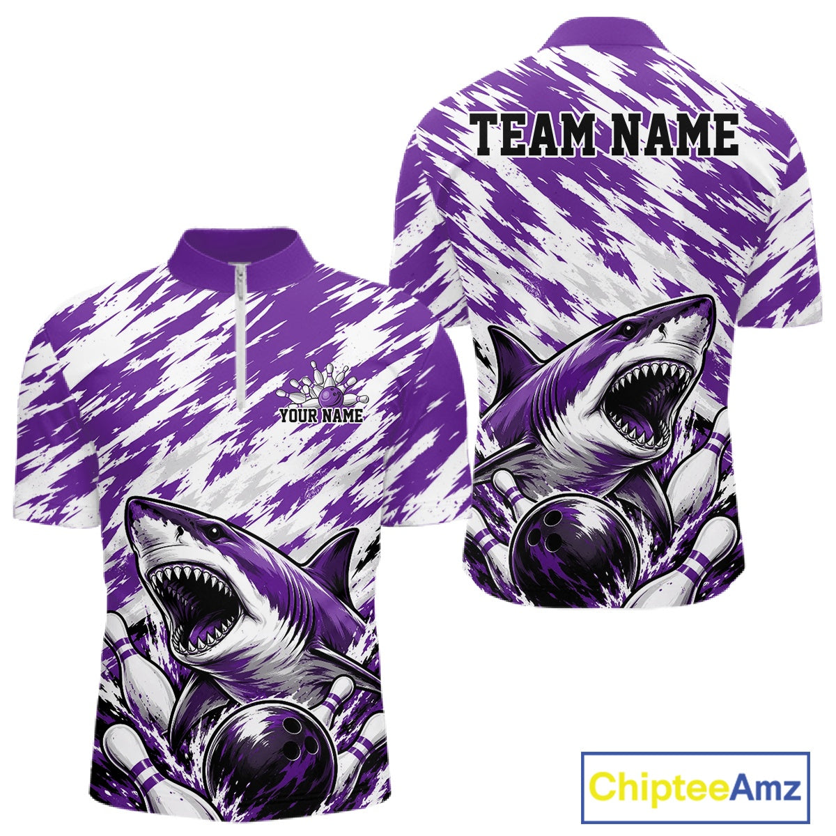 Purple and white shark-themed shirt with customizable text on a white background