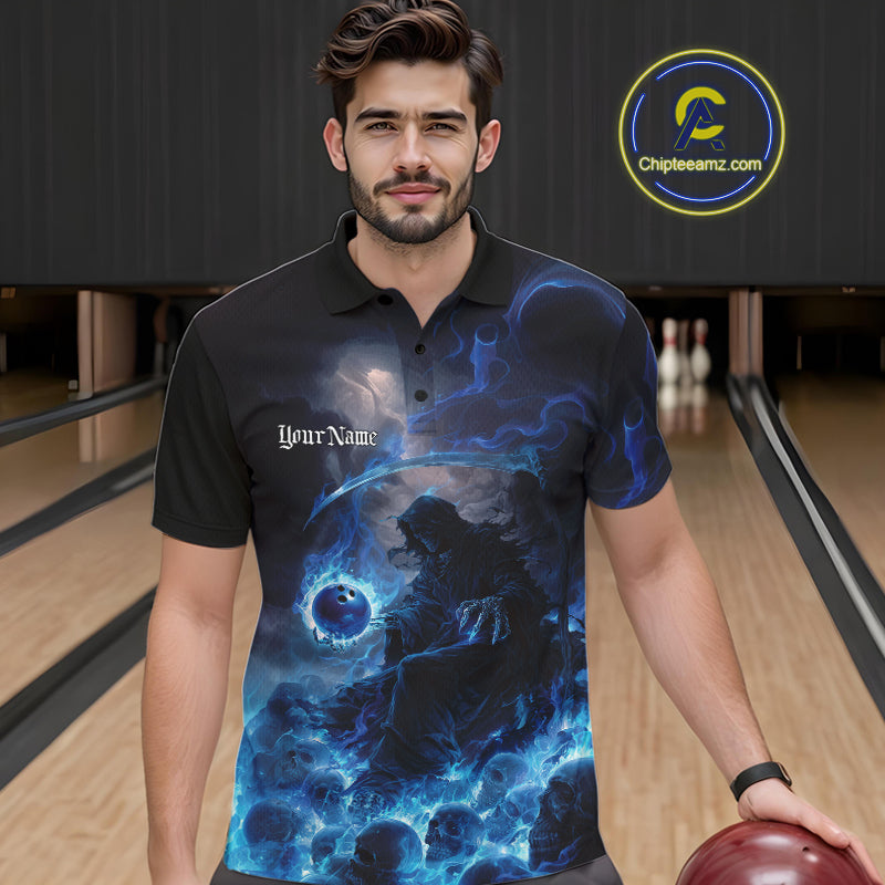 Custom Electric Blue Fire Grim Reaper Bowling Polo Shirts For Men, Halloween Bowling Shirt IPHW9464