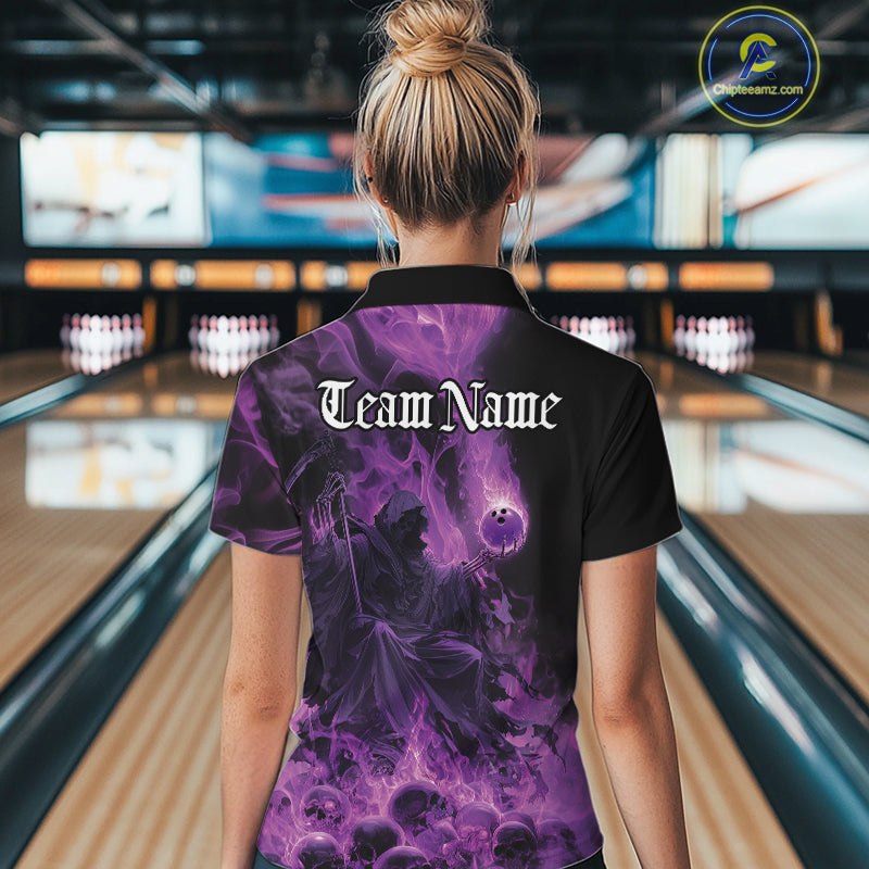 Custom Purple Flame Skull Bowling Quarter-Zip Shirt, Purple Smoke Bowling Hallween Outfit IPHW9470