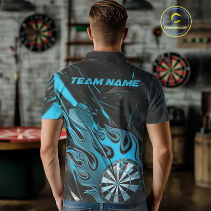 Custom Black And Blue Flame Dartboard Dart Polo Shirts For Men, Dart Players Outfits IPHW9689