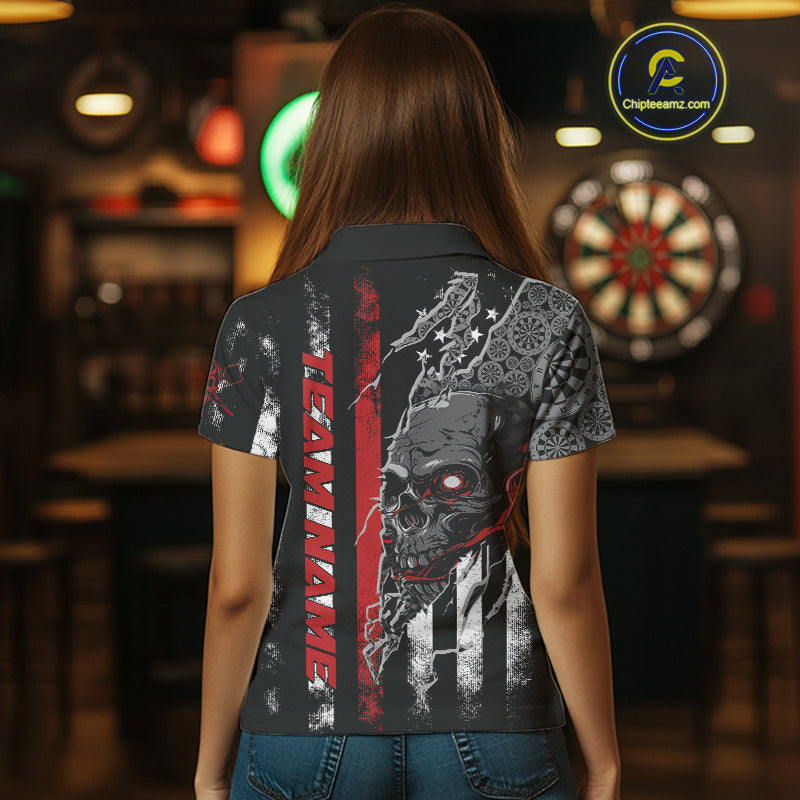 Custom Red Line American Flag Patriotic Skull Dart Women Polo Shirt, Halloween Outfit IPHW9691