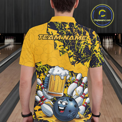 Custom Funny Bowling Beer Men Polo Shirts, Yellow Camo Bowling Ball Pattern Bowling Jersey IPHW9825