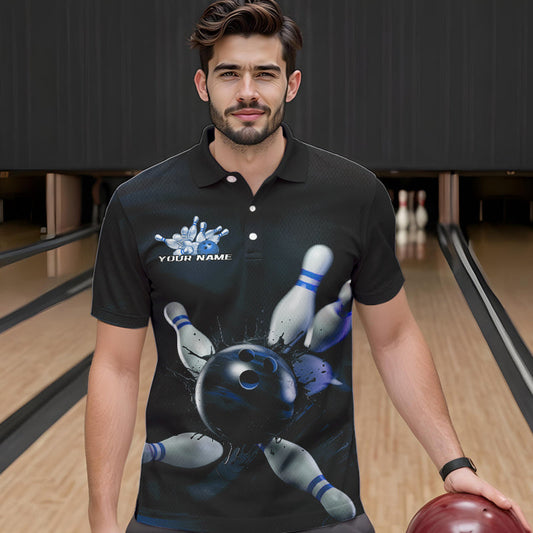 Custom Black And Blue Bowling Jerseys, Bowling League Polo Shirts For Men Team Uniform IPHW8562