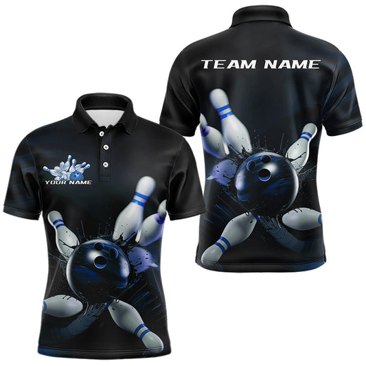 Custom Black And Blue Bowling Jerseys, Bowling League Polo Shirts For Men Team Uniform IPHW8562