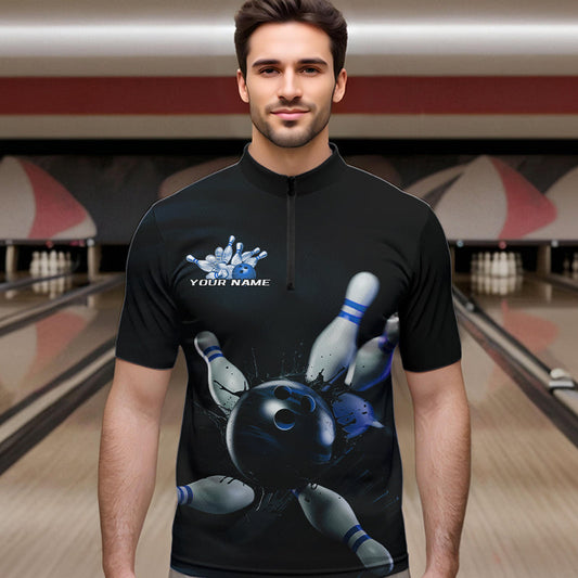 Custom Black And Blue Bowling Jerseys, Bowling League Quarter-Zip Shirts For Men Team Uniform IPHW8562