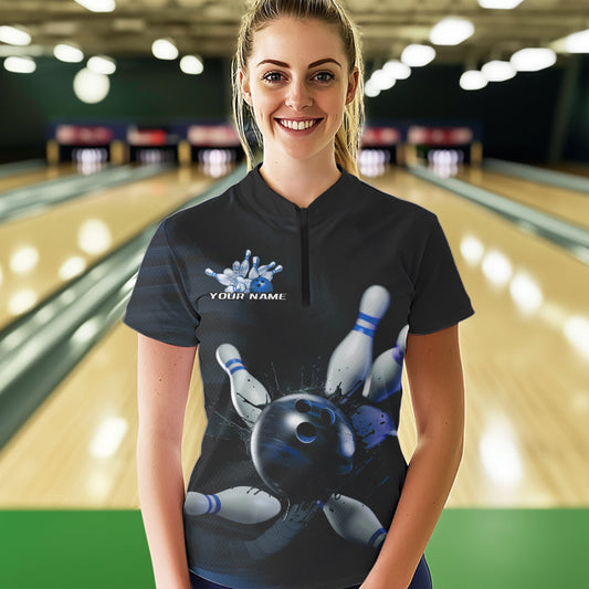 Custom Black And Blue Bowling Jerseys, Bowling League Womens Quarter-Zip Shirt Team Uniform IPHW8562