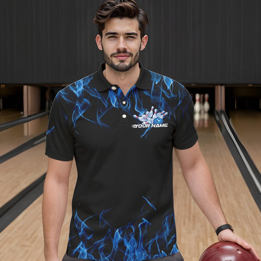 Custom Black And Blue Flame Cobra Snake Bowling Polo Shirts For Men, Bowling Team Uniform IPHW8568