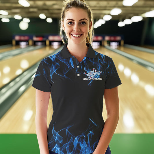 Custom Black And Blue Flame Cobra Snake Bowling Polo Shirts For Women, Bowling Team Uniform IPHW8568