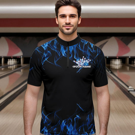 Custom Black And Blue Flame Cobra Snake Bowling Quarter-Zip Shirts For Men, Bowling Team Uniform IPHW8568