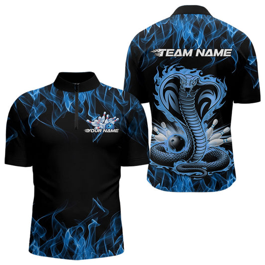 Custom Black And Blue Flame Cobra Snake Bowling Quarter-Zip Shirts For Men, Bowling Team Uniform IPHW8568
