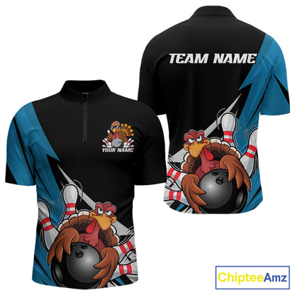 Black And Blue Custom Funny Turkey Thanksgiving Bowling Team Quarter-Zip Shirts For Men IPHW8878