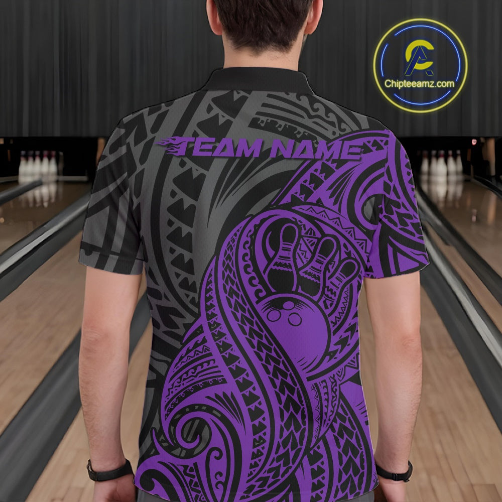 Custom Black And Purple Maori Style Koru Spiral Tribal Men Bowling Polo Team Shirt IPHW10951