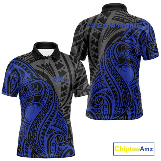 Custom Black And Blue Maori Style Koru Spiral Tribal Men Bowling Polo Team Shirt IPHW10952