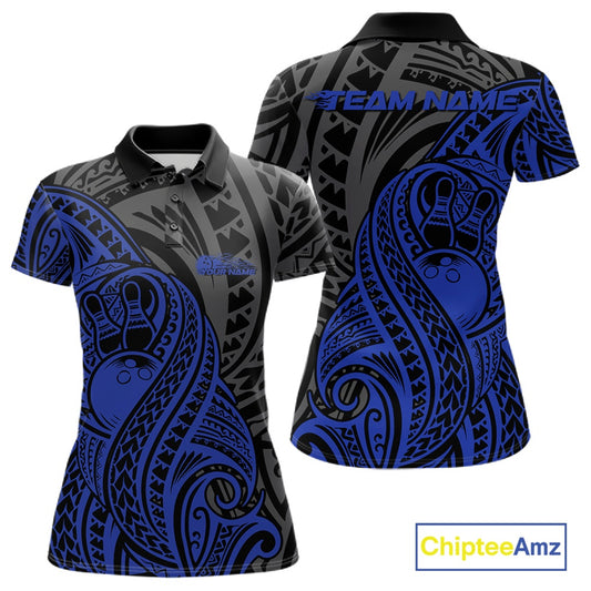 Custom Black And Blue Maori Style Koru Spiral Tribal Women Bowling Polo Team Shirt IPHW10952