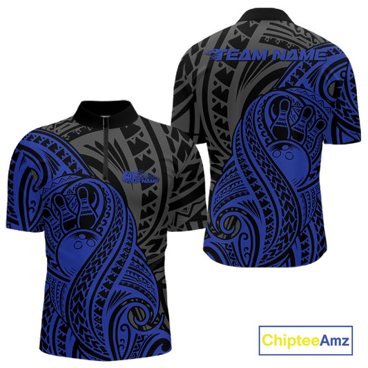 Custom Black And Blue Maori Style Koru Spiral Tribal Men Bowling Quarter-Zip Team Shirt IPHW10952