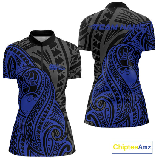 Custom Black And Blue Maori Style Koru Spiral Tribal Women Bowling Quarter-Zip Shirt IPHW10952