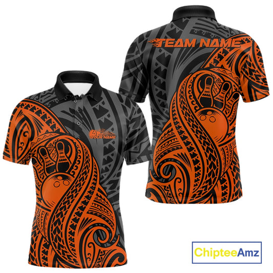 Custom Black And Orange Maori Style Koru Spiral Tribal Men Bowling Polo Team Shirt IPHW10954