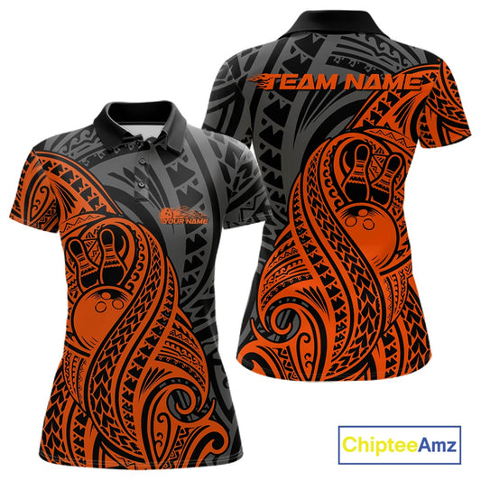Custom Black And Orange Maori Style Koru Spiral Tribal Women Bowling Polo Team Shirt IPHW10954