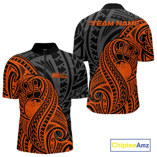 Custom Black And Orange Maori Style Koru Spiral Tribal Men Bowling Quarter-Zip Team Shirt IPHW10954