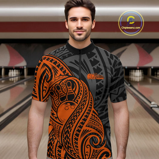 Custom Black And Orange Maori Style Koru Spiral Tribal Men Bowling Quarter-Zip Team Shirt IPHW10954