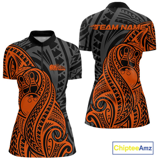 Custom Black And Orange Maori Style Koru Spiral Tribal Women Bowling Quarter-Zip Shirt IPHW10954