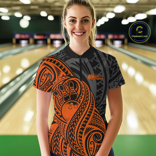 Custom Black And Orange Maori Style Koru Spiral Tribal Women Bowling Quarter-Zip Shirt IPHW10954