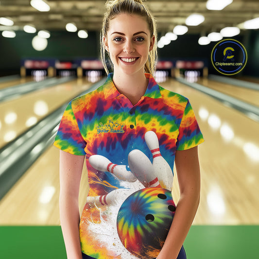 Custom Colorful Tie Dye Bowling Polo Shirts For Women, Rainbow Bowling Outfit IPHW9114