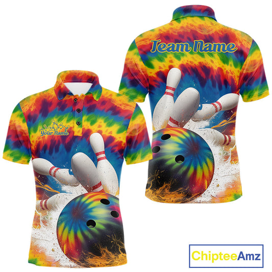 Custom Colorful Tie Dye Bowling Polo Shirts For Men, Rainbow Bowling Outfit IPHW9114