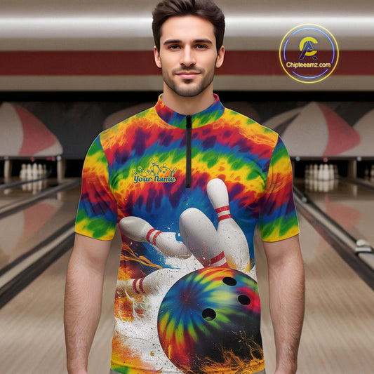 Custom Colorful Tie Dye Bowling Quarter-Zip Shirts For Men, Rainbow Bowling Outfit IPHW9114