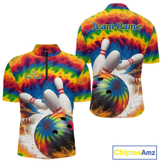 Custom Colorful Tie Dye Bowling Quarter-Zip Shirts For Men, Rainbow Bowling Outfit IPHW9114